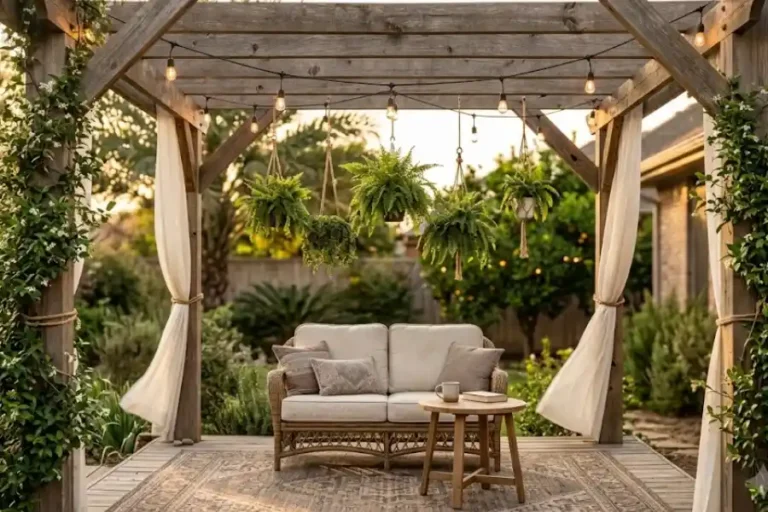 Backyard pergola decorated with warm string lights, climbing jasmine, hanging planters, and a cozy rattan seating area at dusk