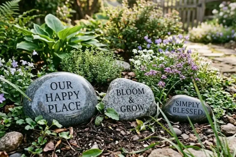 Personalized granite garden stone engraved with a short message, placed among plants in a backyard garden