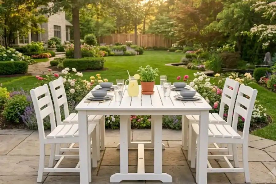 Plastic Outdoor Garden Table: What to Buy in 2026 1 White plastic outdoor garden table with matching chairs on a sunny patio
