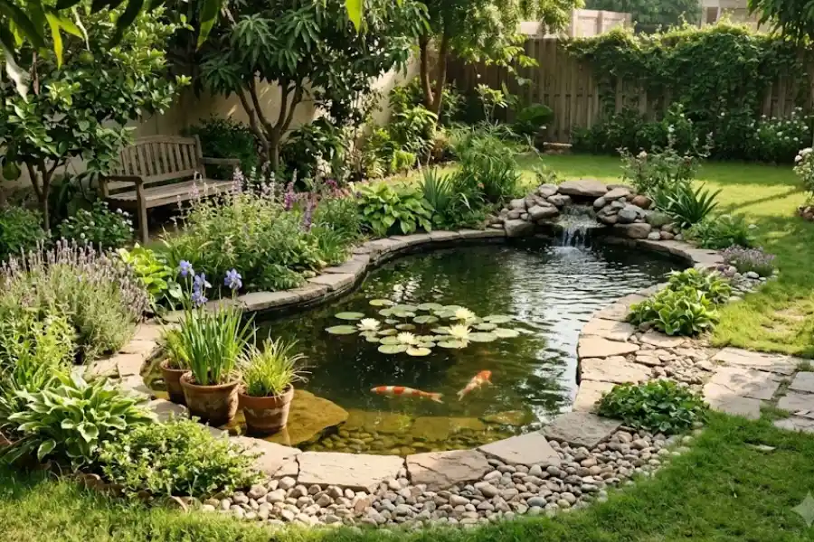 Pond for Garden: Costs, Types, and a Simple 7-Step Build Guide 1 Small backyard garden pond with koi fish, water lilies, and stone edging surrounded by green plants