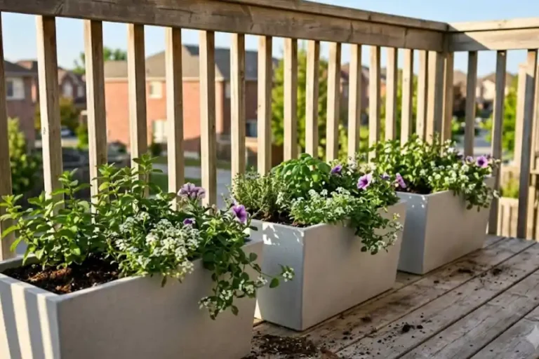Rectangular Garden Pots: How to Choose the Right Size, Material, and Plants 3 Rectangular garden pots with herbs and flowers lined up on a sunny balcony railing
