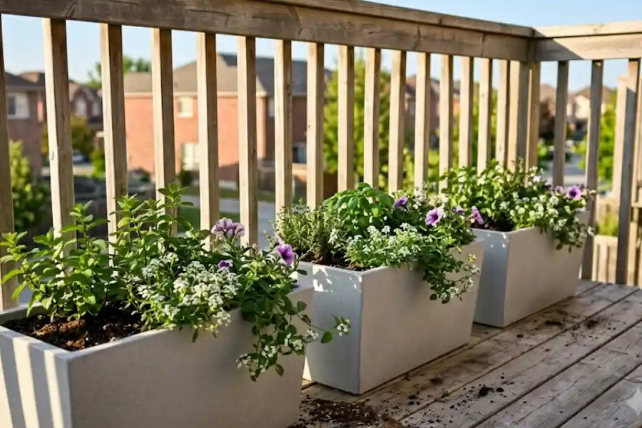 Rectangular Garden Pots: How to Choose the Right Size, Material, and Plants 1 Rectangular garden pots with herbs and flowers lined up on a sunny balcony railing