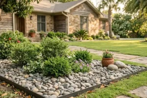 River rock landscaping bed with gray and tan stones bordering a flower garden in a front yard