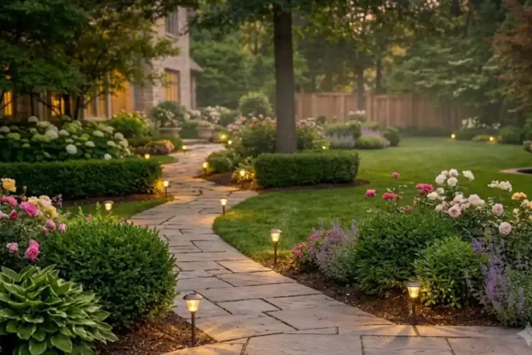 Solar garden lights outdoor glowing along a garden pathway at dusk