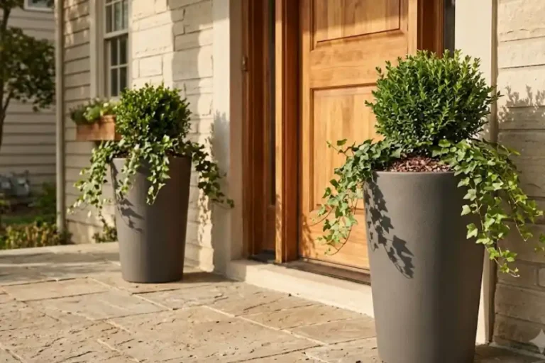 Tall Outdoor Planters: How to Choose Ones That Won't Crack or Fade 3 Tall grey fiberglass outdoor planters with boxwood and trailing ivy flanking a front door
