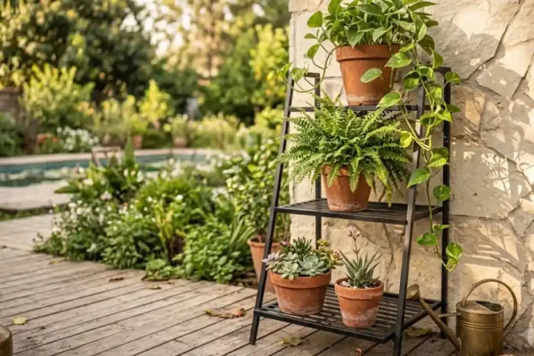 Three-tier black metal plant stand outdoor on a patio with potted ferns, pothos, and succulents