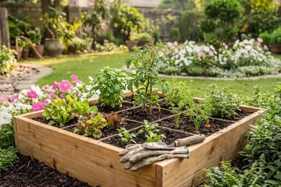 3x3 raised garden bed with lettuce, basil, tomato, and carrots planted in a square foot grid