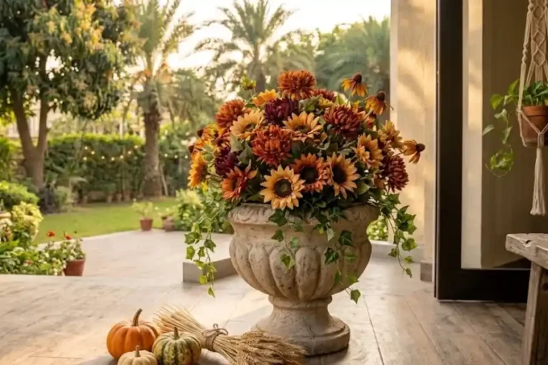 Artificial fall flowers for outdoors arranged in a porch planter