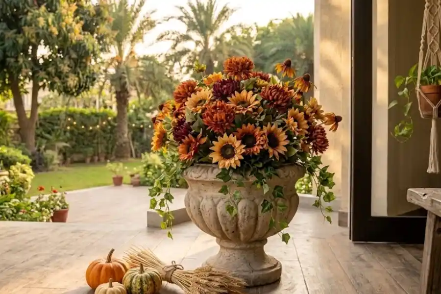 Artificial Fall Flowers for Outdoors: How to Choose Ones That Last 10 Artificial fall flowers for outdoors arranged in a porch planter