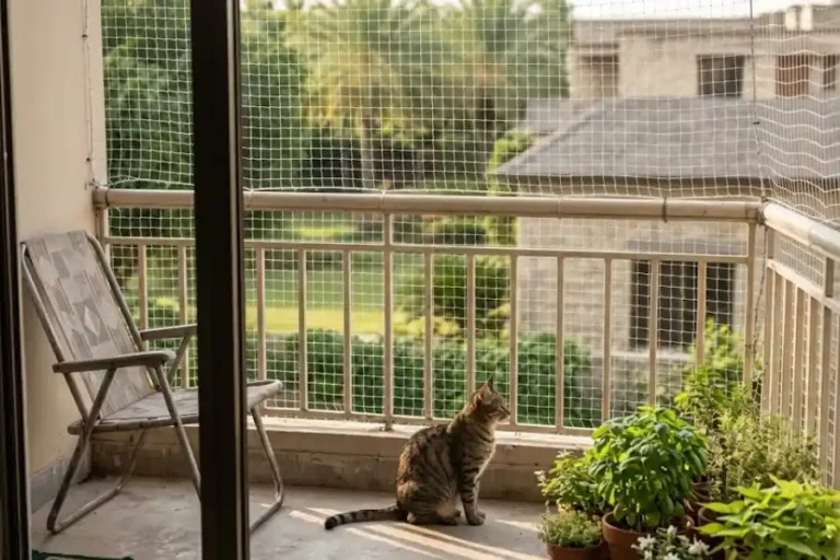 Clear cat safety netting installed on an apartment balcony railing with a cat sitting safely behind it