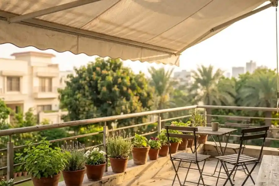 Balcony Shade Ideas: 13 No-Drill Ways to Beat the Heat 23 Balcony shade awning covering a small outdoor seating area in warm afternoon sunlight