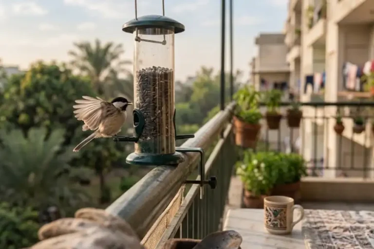 Best bird feeder for apartment balcony railing with a small finch feeding in morning light