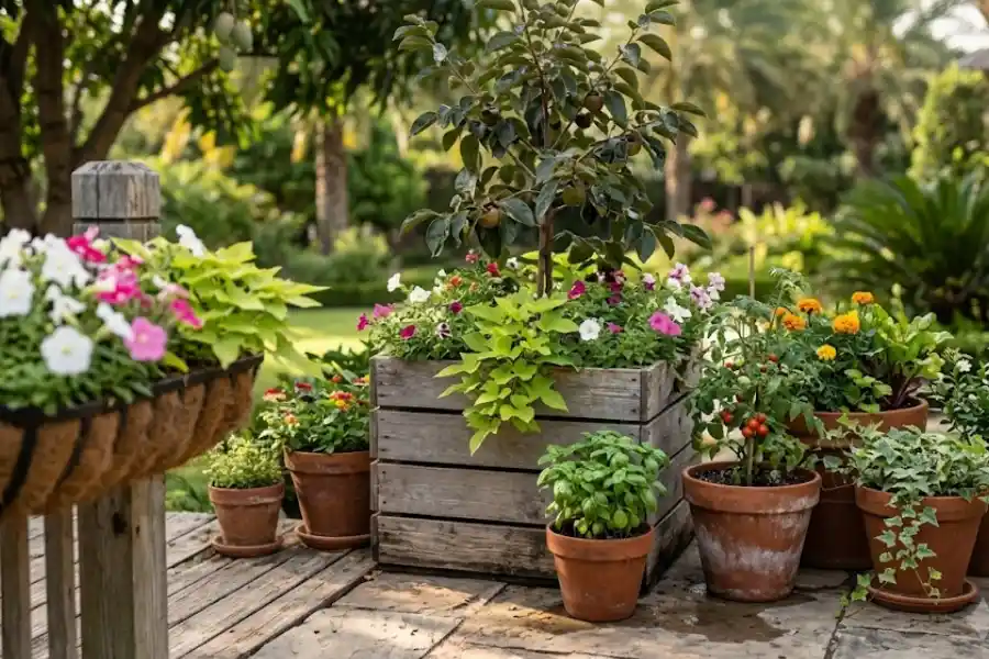 Container garden ideas with grouped potted plants and flowers on a sunny patio