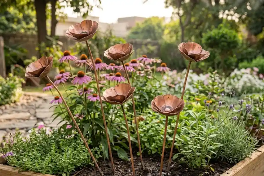 Copper poppy sways placed among blooming flowers in a sunny backyard garden bed