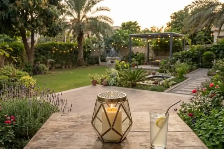 Lit citronella candle burning on an outdoor patio table at sunset