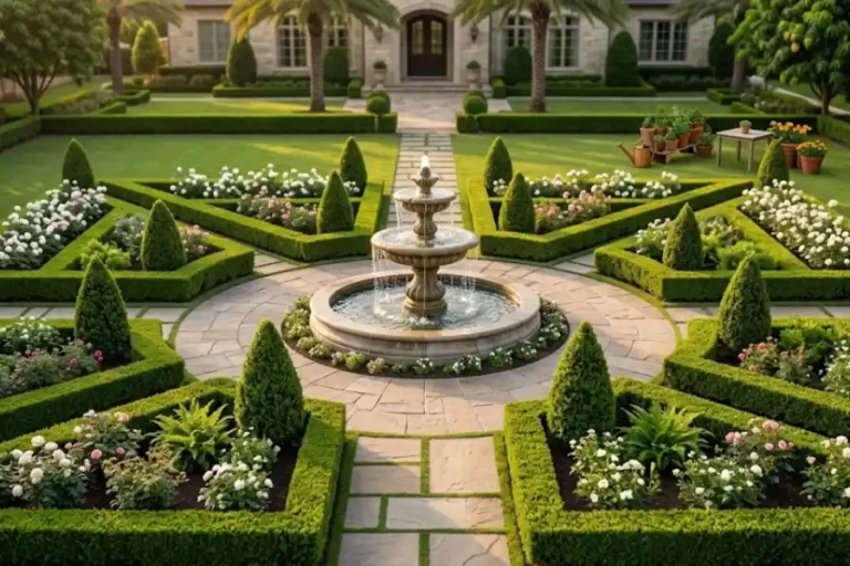 Formal Garden Design: Ideas, Plants, and Costs for Every Yard 6 Symmetrical formal garden with trimmed boxwood hedges, a stone fountain, and rows of roses along a straight path