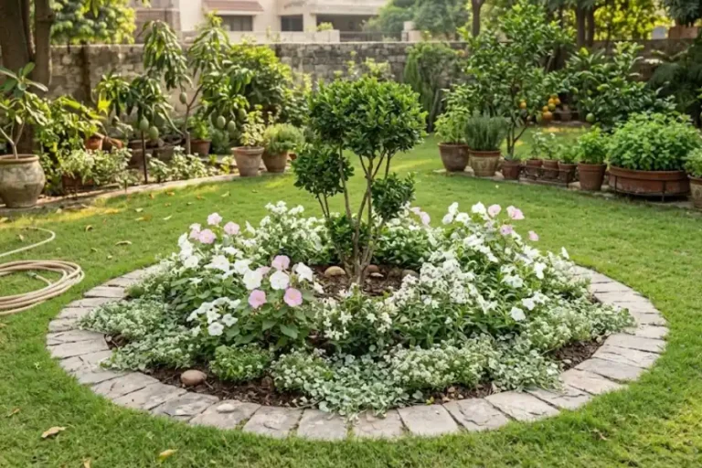 Garden Circle: How to Plan, Build, and Plant One 6 Round garden circle bed with stone border and layered flowers in a backyard lawn