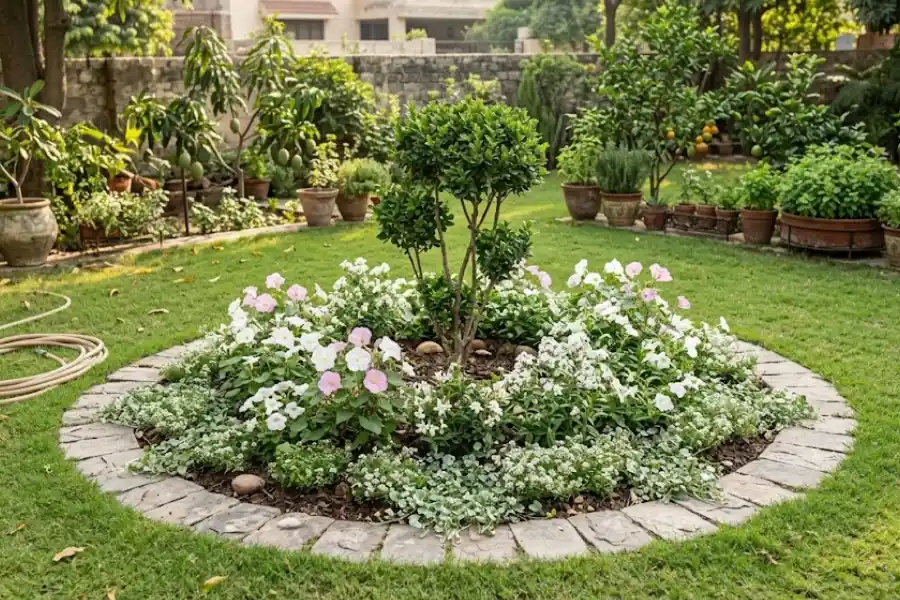 Garden Circle: How to Plan, Build, and Plant One 1 Round garden circle bed with stone border and layered flowers in a backyard lawn