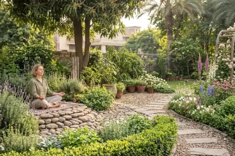 Garden Meditation: How to Find Calm in Just 10 Minutes 4 Woman meditating peacefully on a garden bench surrounded by lavender and morning sunlight