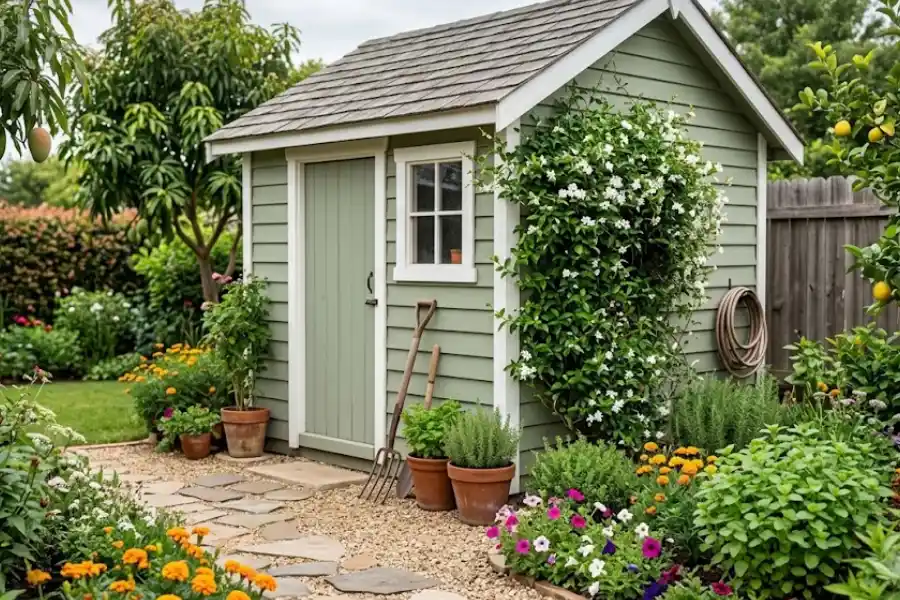 Garden Shed Colours: 12 Ideas (And a Costly Mistake to Avoid) 1 Garden shed painted in sage green with white trim in a backyard garden