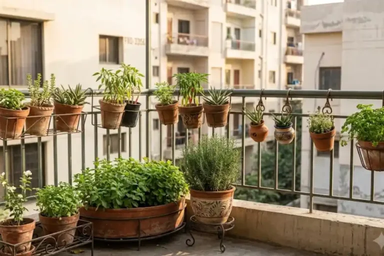 A sunny apartment balcony filled with potted herbs including basil, rosemary, and mint growing in terracotta and plastic containers