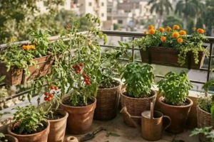 Small balcony garden for beginners with potted tomatoes, basil, and marigolds in natural sunlight