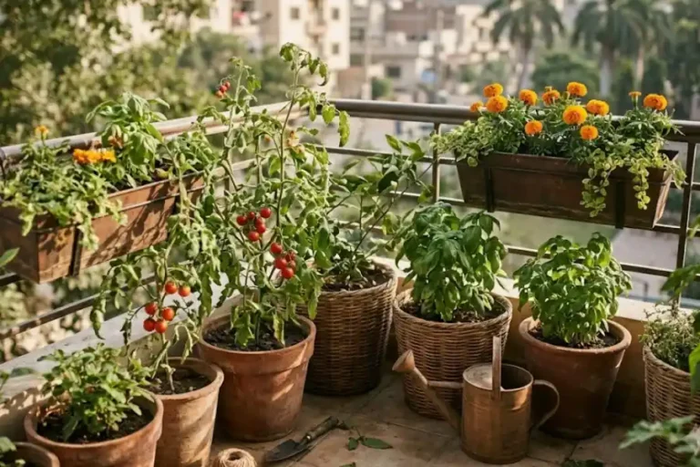 How to Make a Small Balcony Garden for Beginners (Step-by-Step) 1 Small balcony garden for beginners with potted tomatoes, basil, and marigolds in natural sunlight
