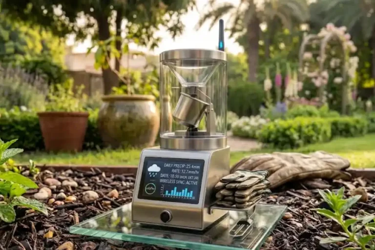 Rain gauge collecting water in a backyard garden after rainfall
