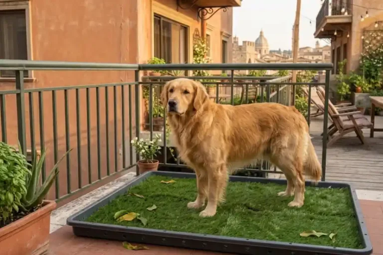 Large Dog Grass Pad For Balcony: Sizes, Types & Setup Tips 3 Large dog grass pad for balcony with a big dog standing on the artificial turf