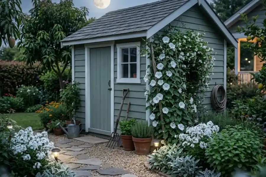 Moonlight Garden: Plants, Design & Care Tips 1 Moonlight garden with white flowers and silver foliage glowing under a full moon at dusk