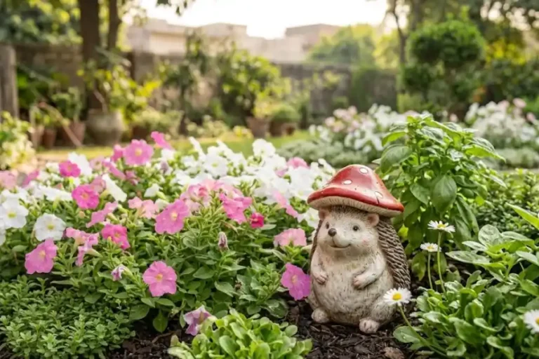 Handmade mushroom cap hedgehog garden figurine sitting among green leaves and soil