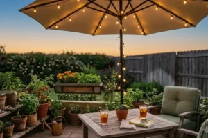 Warm LED string lights glowing on a patio umbrella at dusk over an outdoor dinner table