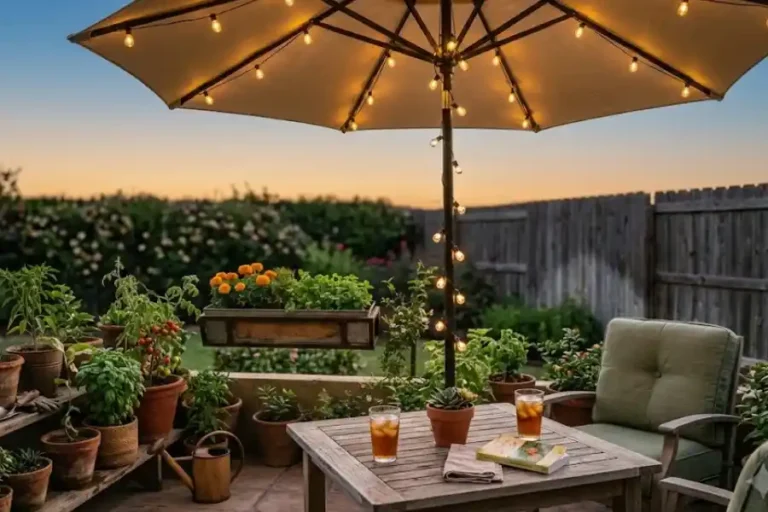 Warm LED string lights glowing on a patio umbrella at dusk over an outdoor dinner table
