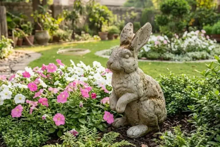 Rabbit Garden Sculpture: What to Know Before You Buy 4 Concrete rabbit garden sculpture beside blooming flowers in a backyard garden
