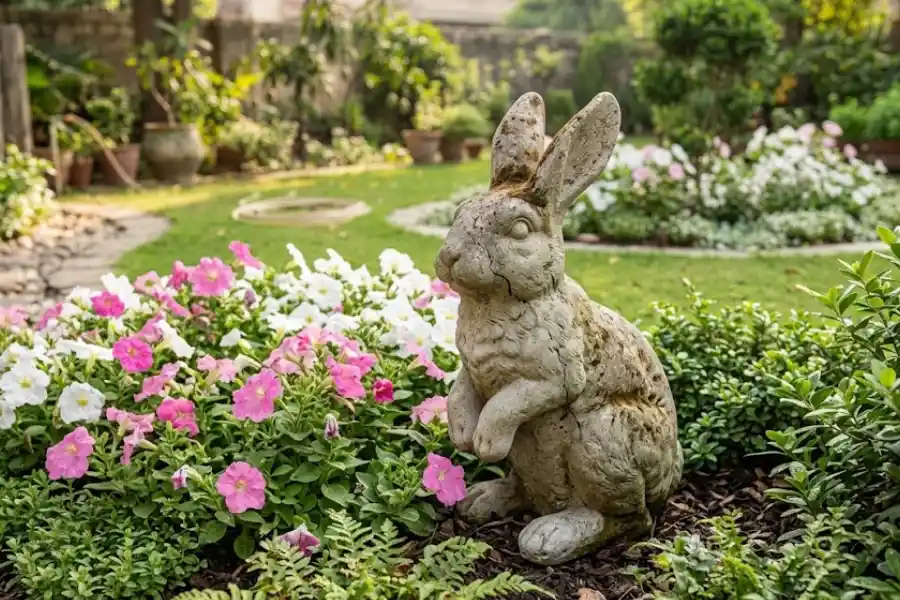 Rabbit Garden Sculpture: What to Know Before You Buy 1 Concrete rabbit garden sculpture beside blooming flowers in a backyard garden