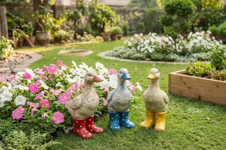 Spotted Wellies Garden Ducks: Types, Care & Where to Buy 1 Spotted wellies garden ducks wearing polka dot rain boots in a garden flower bed