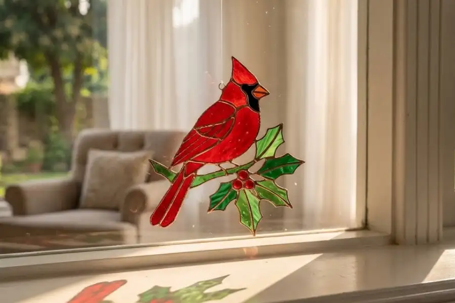 Stained Glass Cardinal Suncatcher: How to Choose the Right One 12 Stained glass cardinal suncatcher hanging in a sunlit window with red and green glass casting colorful light