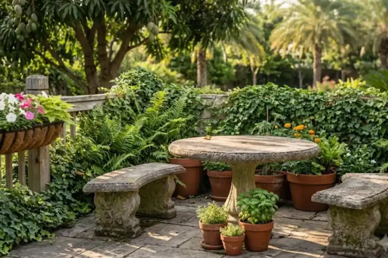 Stone table garden furniture set on a stone patio surrounded by greenery