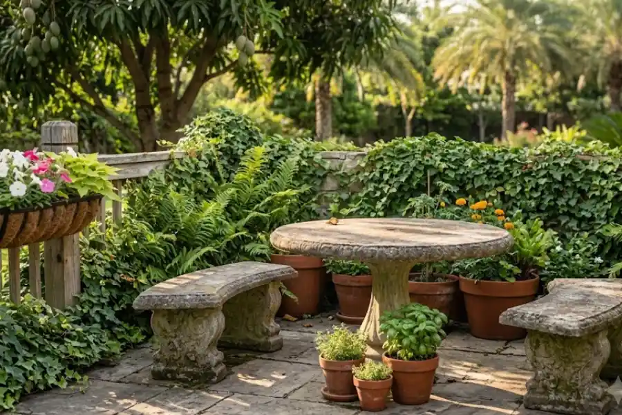 Stone Table Garden Furniture: Types, Costs, and Care Tips 1 Stone table garden furniture set on a stone patio surrounded by greenery
