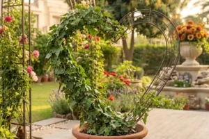 A wire topiary frame shaped like a heart, partly covered in green ivy leaves, standing in a sunny backyard garden