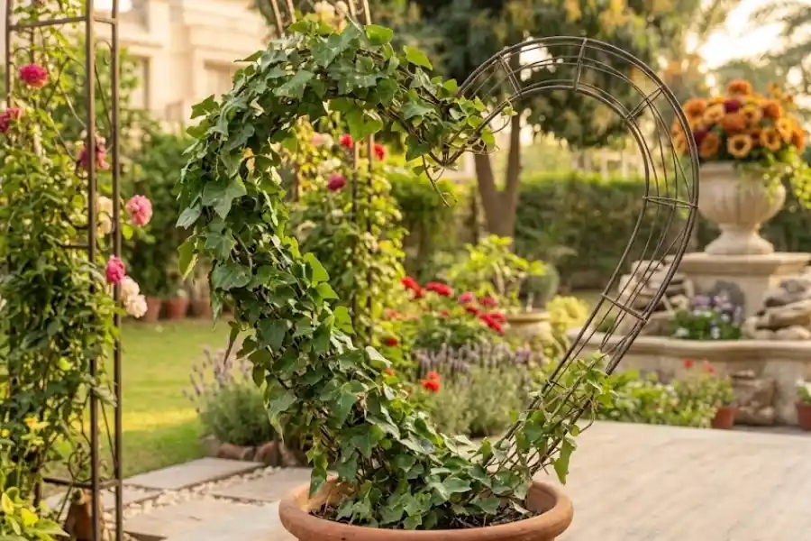 Topiary Frames 101: How to Choose, Shape, and Care for Them 9 A wire topiary frame shaped like a heart, partly covered in green ivy leaves, standing in a sunny backyard garden