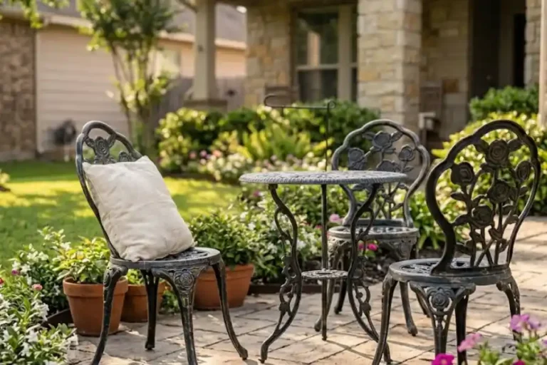 Black wrought iron garden chairs with scrollwork design on a sunny outdoor patio