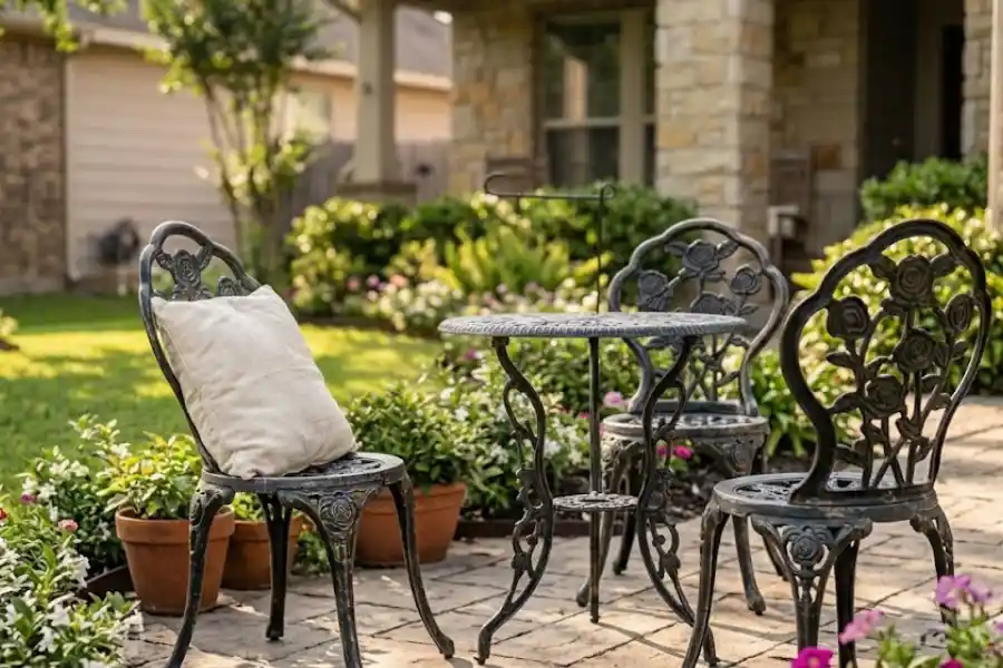 Black wrought iron garden chairs with scrollwork design on a sunny outdoor patio