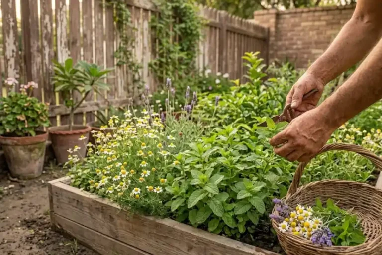 A gardener's hands harvesting fresh mint and chamomile leaves from a small backyard tea garden in soft morning sunlight