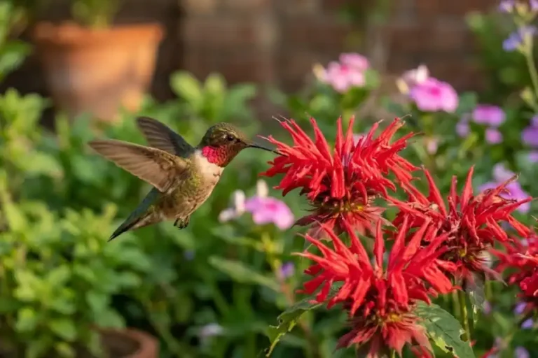 Ruby-throated hummingbird feeding on red bee balm flowers in a backyard hummingbird garden