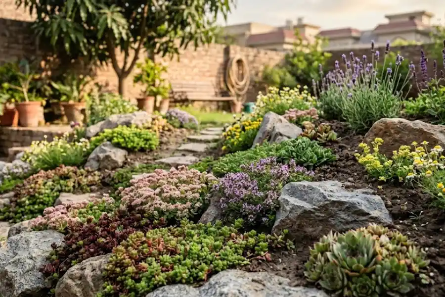 21 Best Rock Garden Plants for Sun and Shade Spots 14 Landscaped backyard rock garden with colorful drought-tolerant plants growing between natural stones