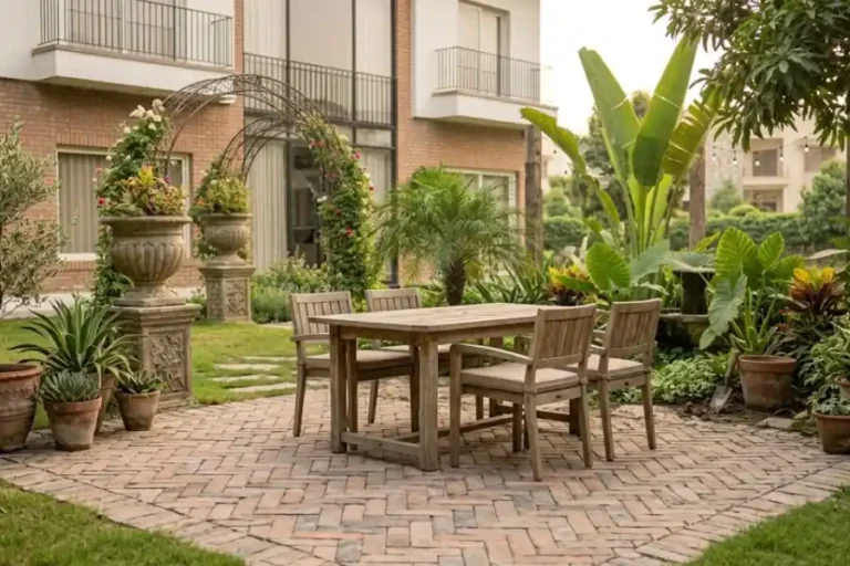 Paver patio design with herringbone pattern and outdoor dining set