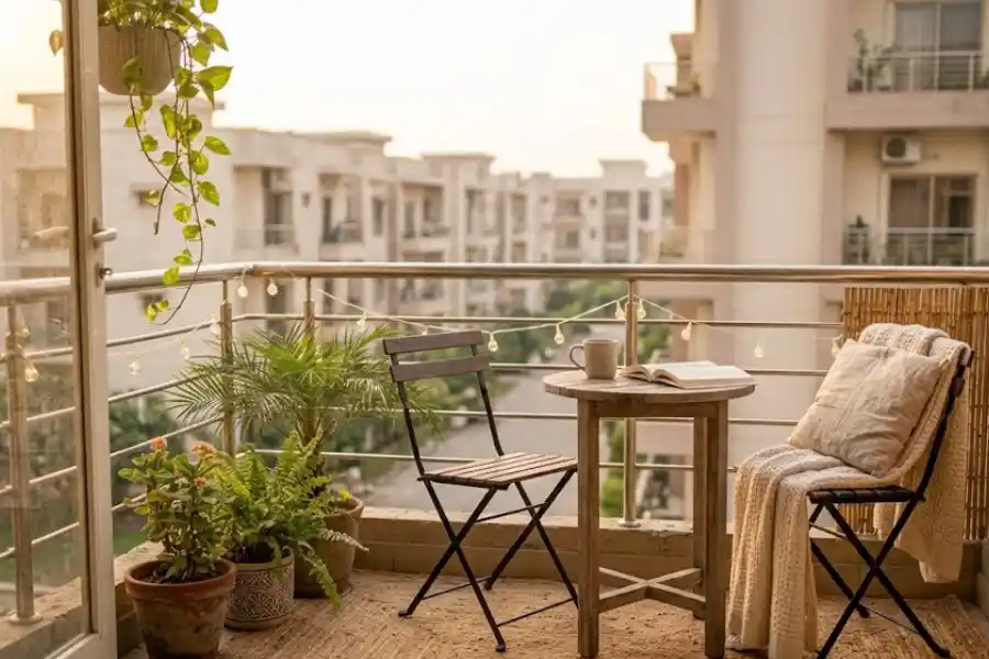 35 Apartment Patio Decor Ideas That Fit Small Rental Balconies 1 Cozy decorated apartment balcony with a rug, potted plants, string lights, and a small bistro table