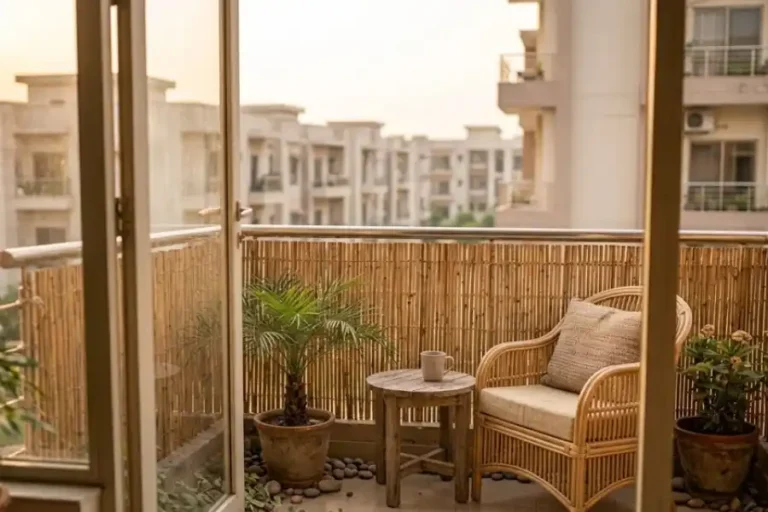 Apartment balcony with a bamboo privacy screen attached to the railing, potted plants, and city view