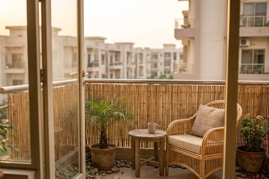 Apartment balcony with a bamboo privacy screen attached to the railing, potted plants, and city view